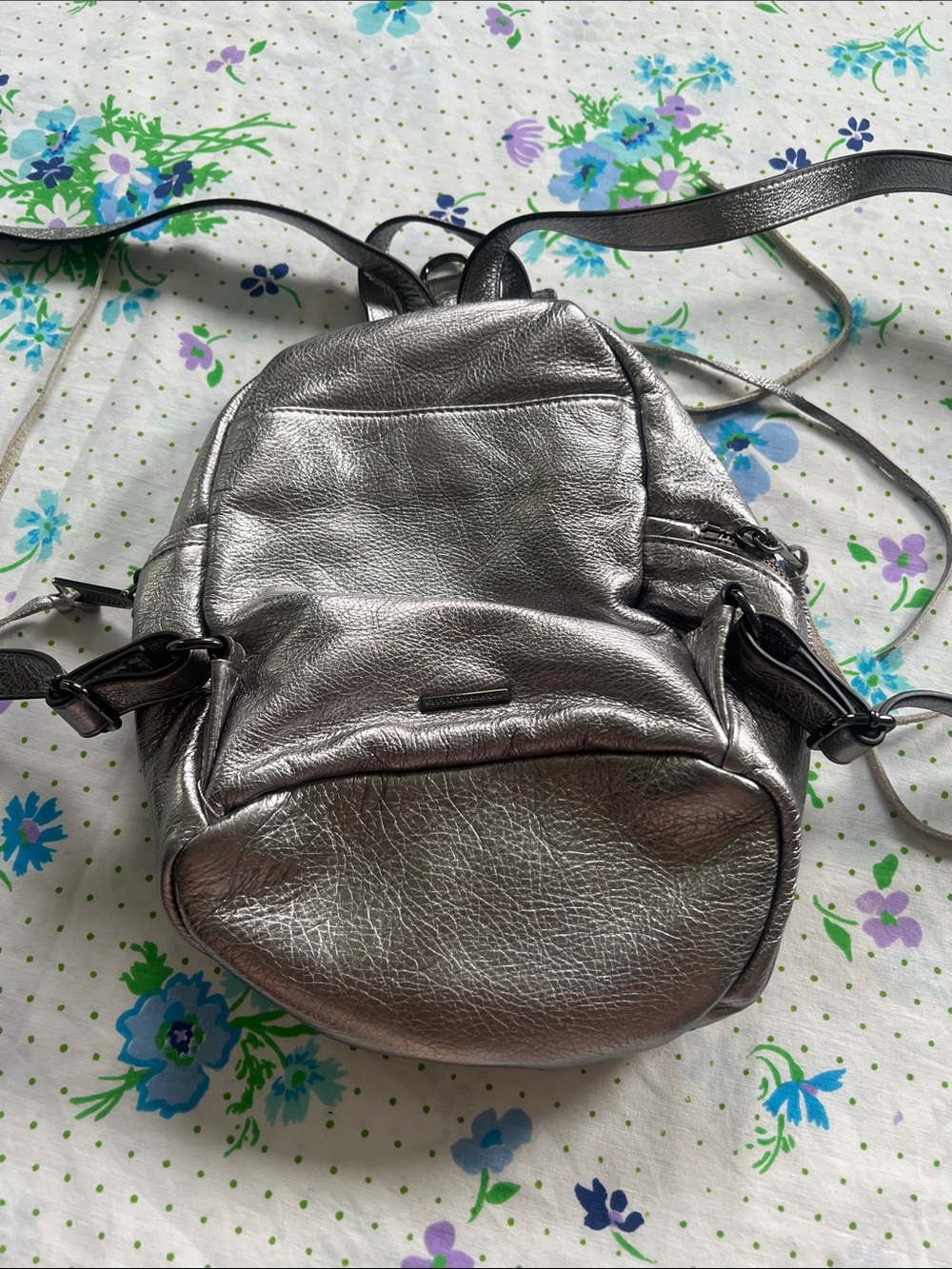 Rebecca Minkoff Pebbled Leather Mini Backpack Julian Convertible Silver Metallic - Picture 3 of 13